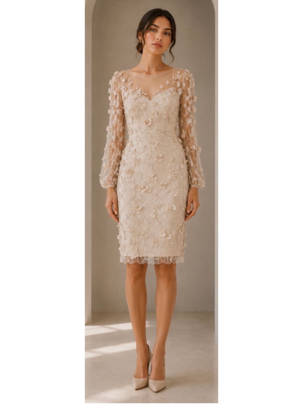 Theia Jessa Beaded Cocktail Dress Size 2 Beige NWT Luxury Floral